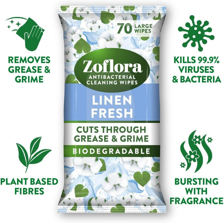 Zoflora Linen Fresh Biodegradable Wipes, Antibacterial Multi-Surface Cleaning Wipes, 70's