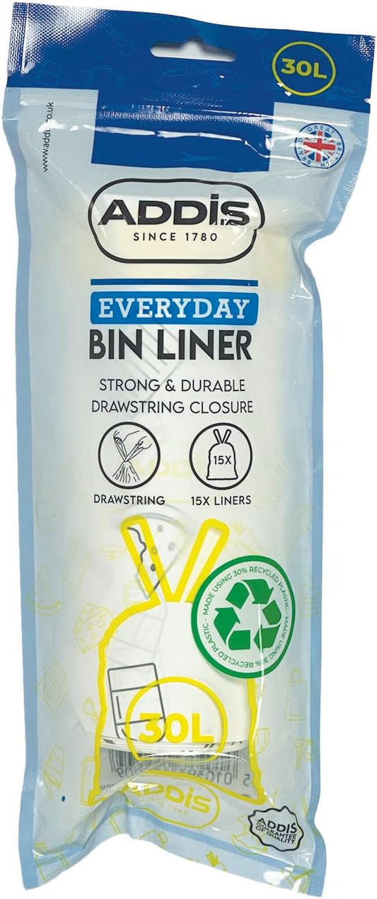 Addis 30L Bin Liners with Drawstring | 15 Bags x 30L