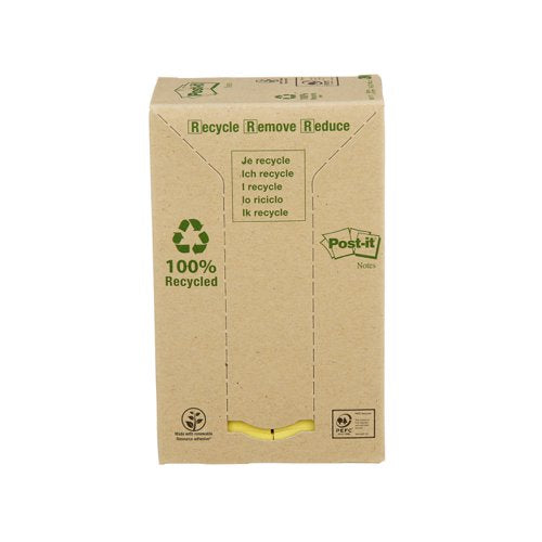 Post-it Recycled Notes 38x51mm 100 Sheets Cardboard Packaging Canary Yellow (Pack of 24) 653-1T
