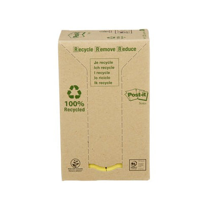 Post-it Recycled Notes 38x51mm 100 Sheets Cardboard Packaging Canary Yellow (Pack of 24) 653-1T