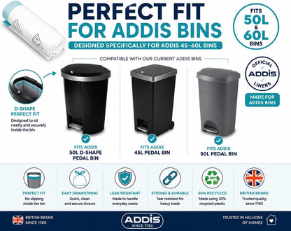 Addis 50–60L Kitchen Bin Liners, Strong Drawstring Bin Bags, 45 Bags