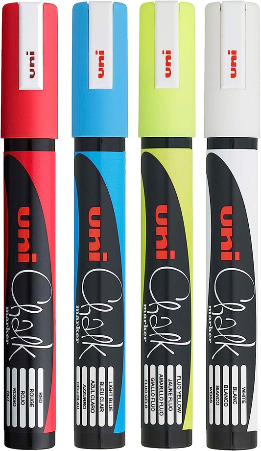 Uni Chalk Markers Medium Assorted Pack 4  1.8 - 2.5mm line width