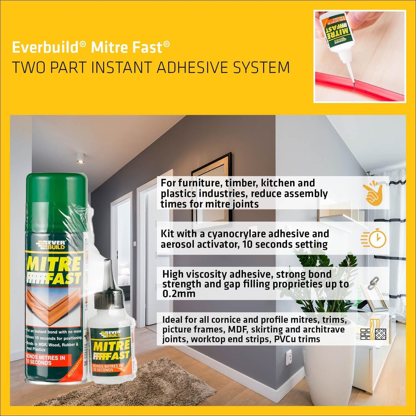 Everbuild Mitre Fast Two Part Instant Bonding Kit, 50g Adhesive & 200ml Activator | 3 Pack