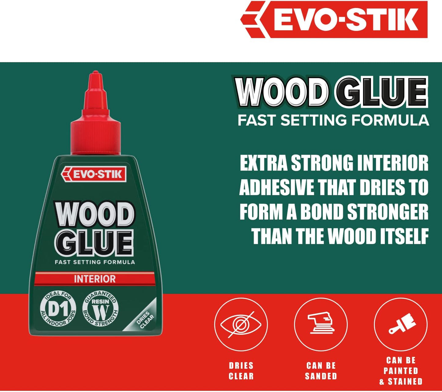 EVO-STIK Wood Glue | Interior | Extra Strong | Fast Setting | Dries Clear | 1 x 500ml