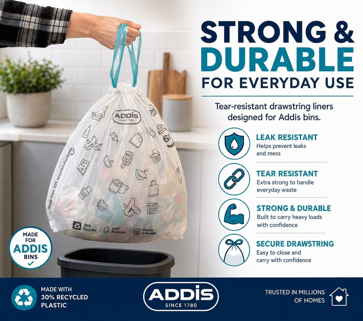 Addis 50–60L Kitchen Bin Liners, Strong Drawstring Bin Bags, 45 Bags