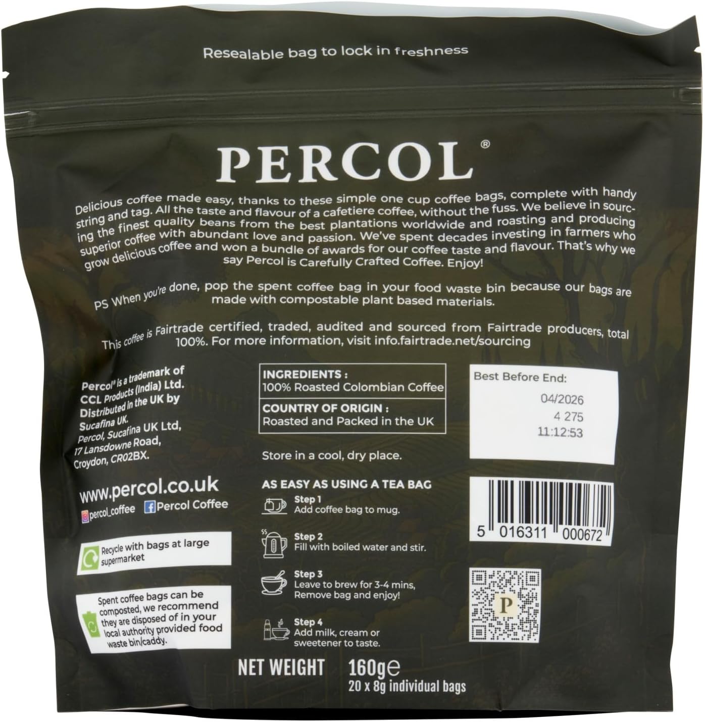Percol Colombian Coffee Bags 8g Pack 20s