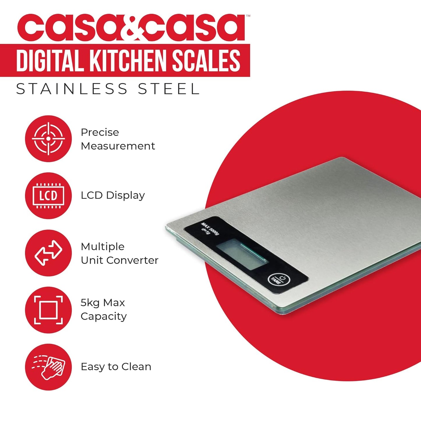 Casa & Casa Digital Kitchen Scales | Precise Graduation to 1g | Stainless Steel.