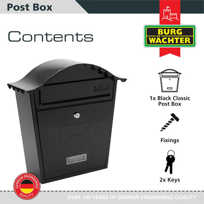 Burg-Wachter Black Classic Wall Mounted Galvanised Steel Lockable Weatherproof Post Box