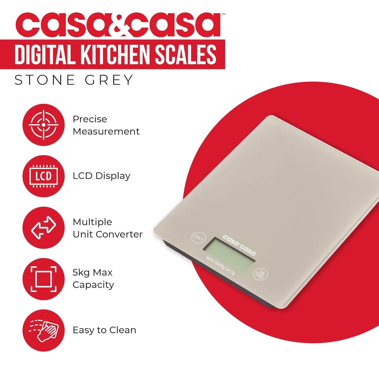 Casa & Casa Digital Kitchen Scales | Precise Graduation to 1g | Stone Grey.