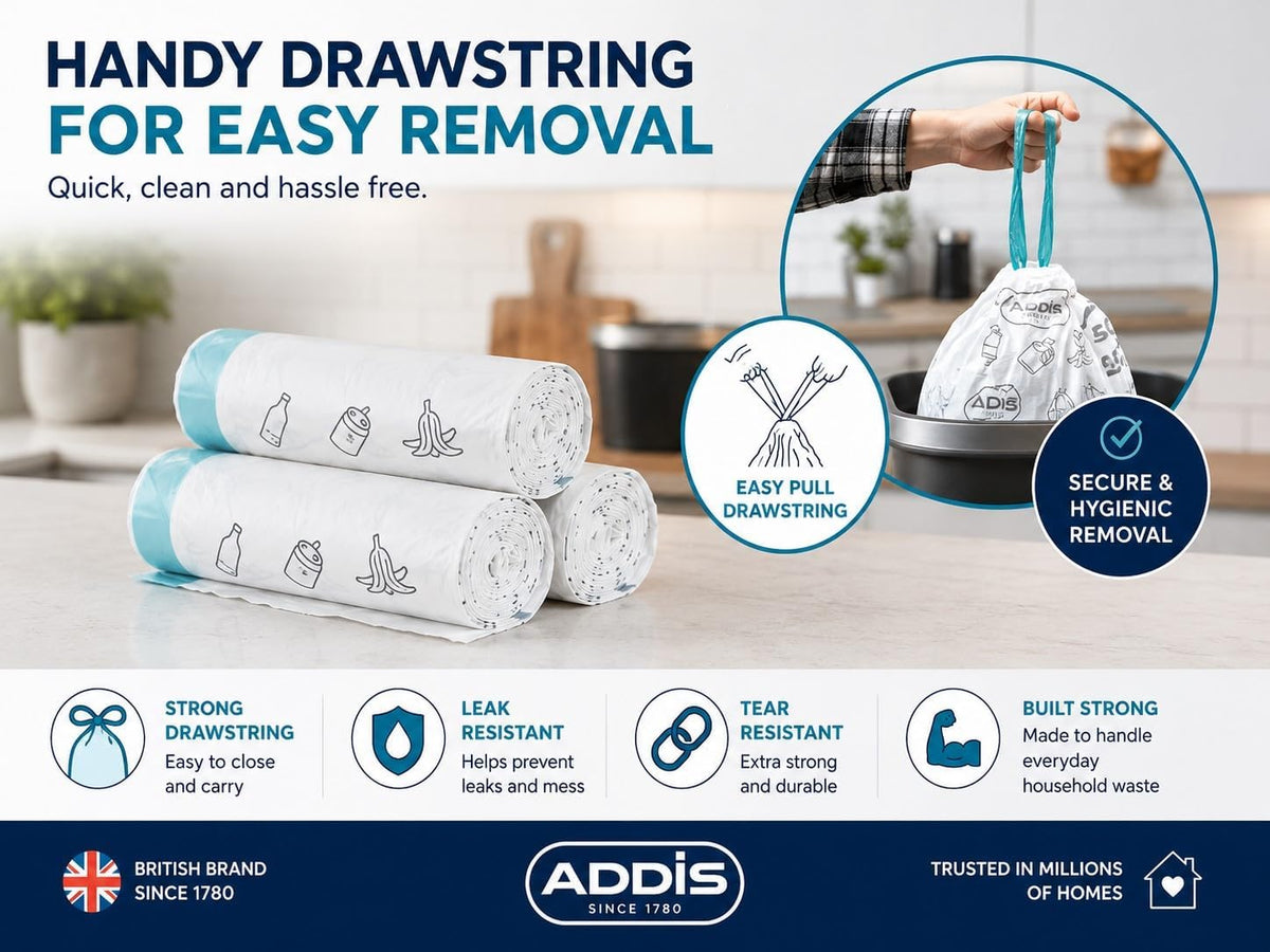 Addis 50–60L Kitchen Bin Liners, Strong Drawstring Bin Bags, 45 Bags