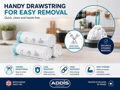 Addis 50–60L Kitchen Bin Liners, Strong Drawstring Bin Bags, 45 Bags