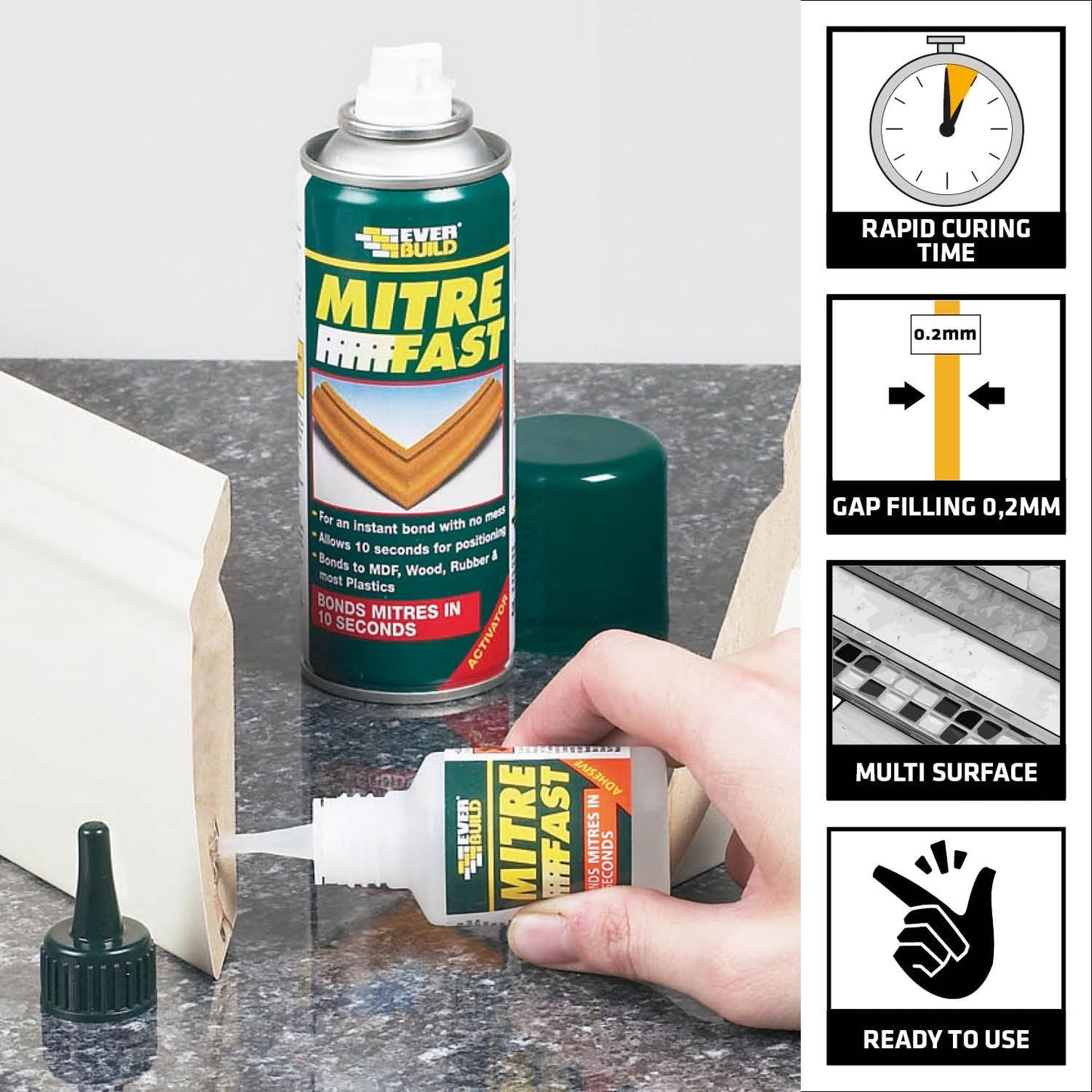 Everbuild Mitre Fast Two Part Instant Bonding Kit, 50g Adhesive & 200ml Activator | 3 Pack