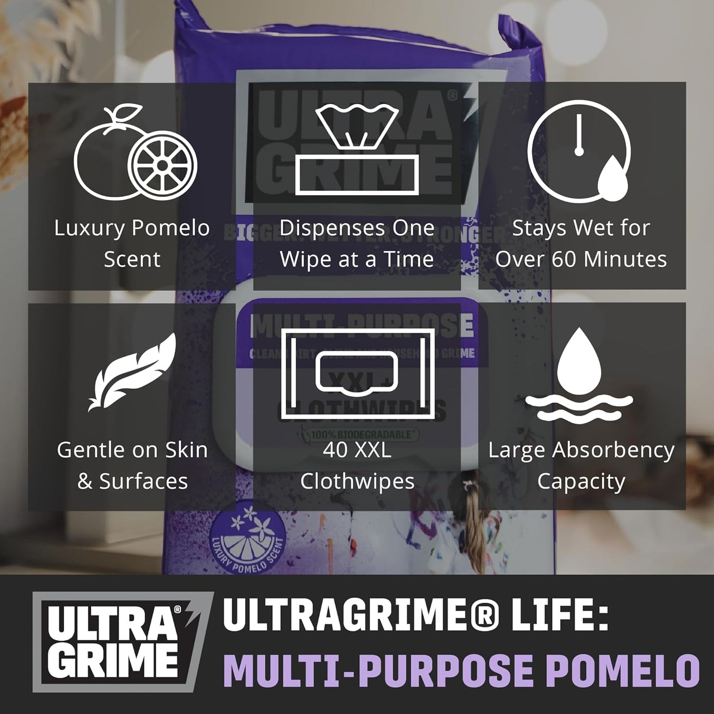 UltraGrime Multi-Purpose Pomelo XXL+ Biodegradable Cleaning Wet Wipes