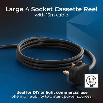 Masterplug Four Socket Cassette Cable Reel, 15 Metres, Blue