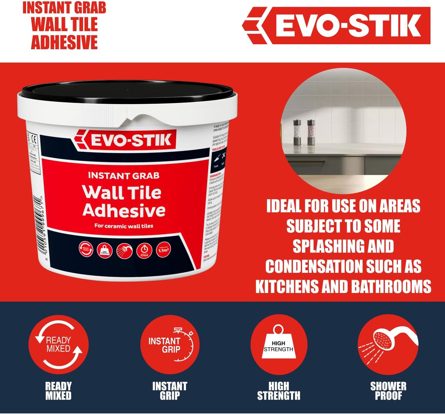 Evo-Stik Wall Tile Adhesive | Instant Grab | Multi Surface| Fast Acting |  1L Tub