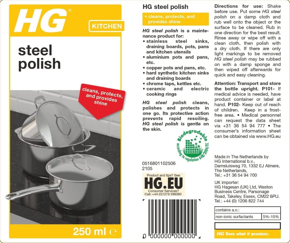 HG Steel Polish, Steel, Chrome & Copper | 3in1 Polish, Cleaner & Protector | 250ml