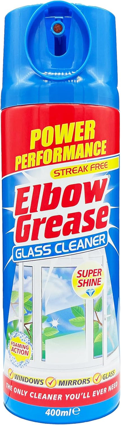 Elbow Grease Glass Cleaner Aerosol | Super Shine, Foaming Action | Cleans Windows, Mirrors, Glass |Streak Free | 1 x 400ml