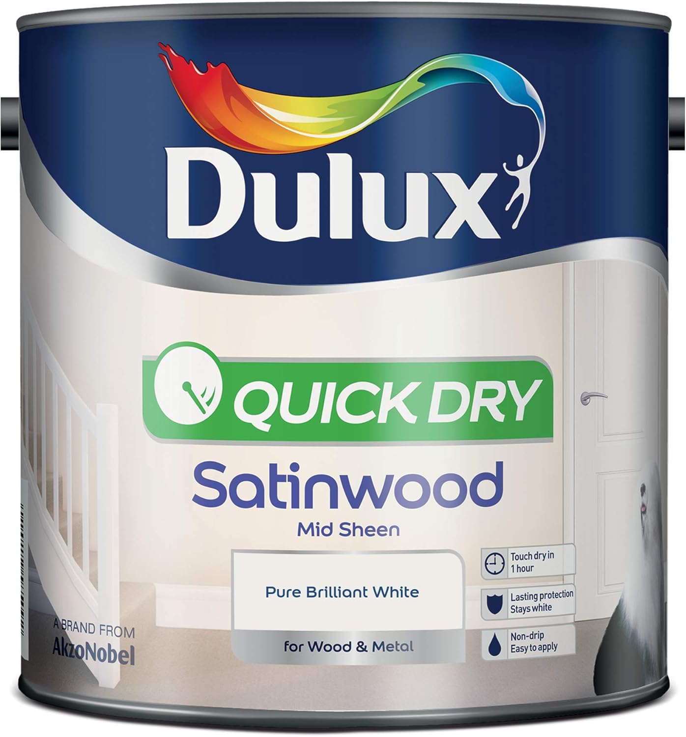 Dulux Quick Dry Satinwood Paint For Wood And Metal, Pure Brilliant White, 2.5 L