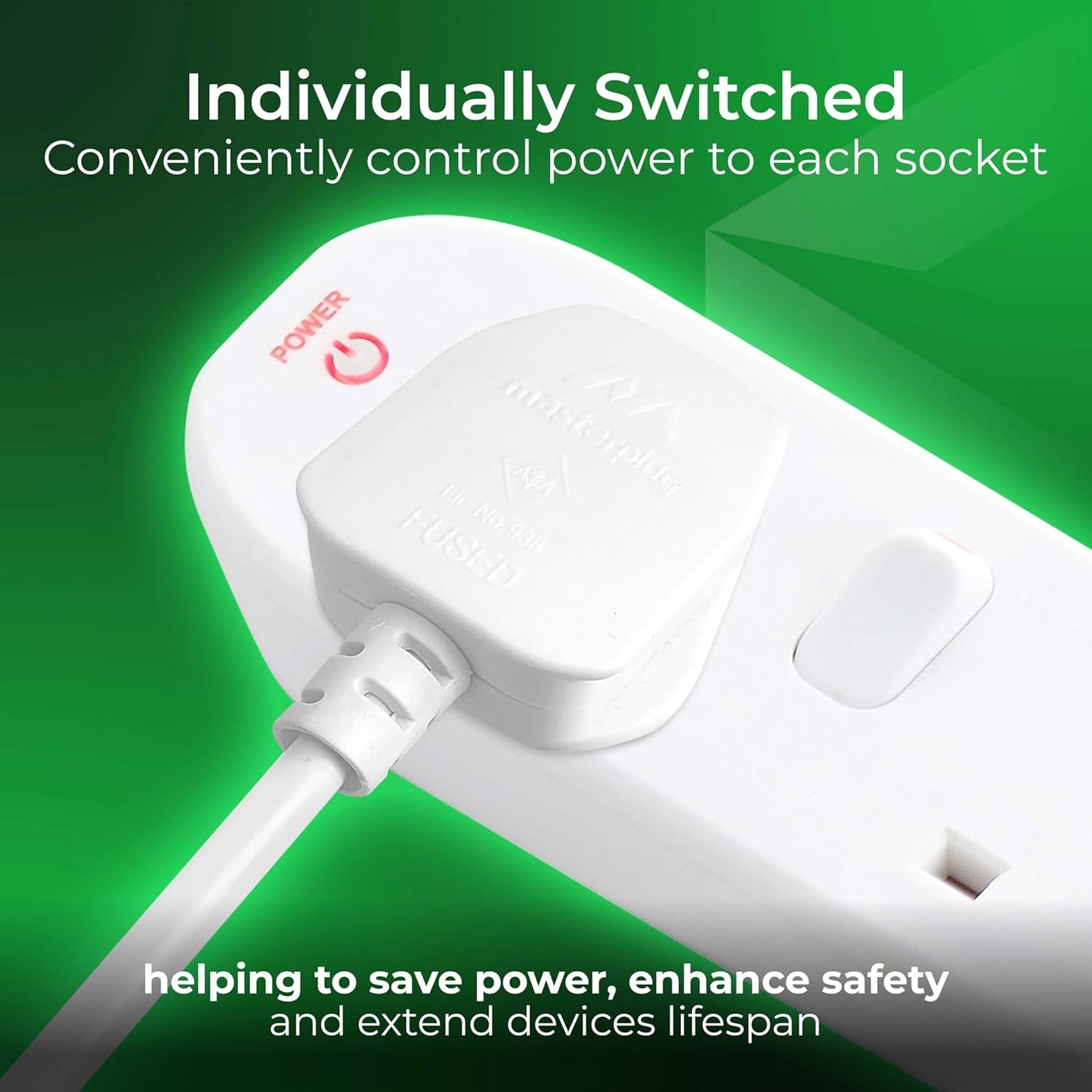 Masterplug Four Socket Extension With Individual Switches, 2 Metres, White
