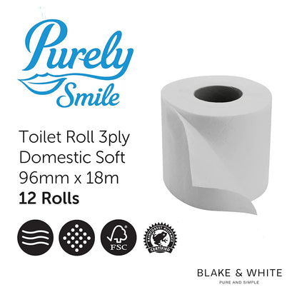 Blake & White PS1126 Purely Smile 3ply Soft Toilet Roll | Pack of 12 | PS1125 | FSC Certified, White