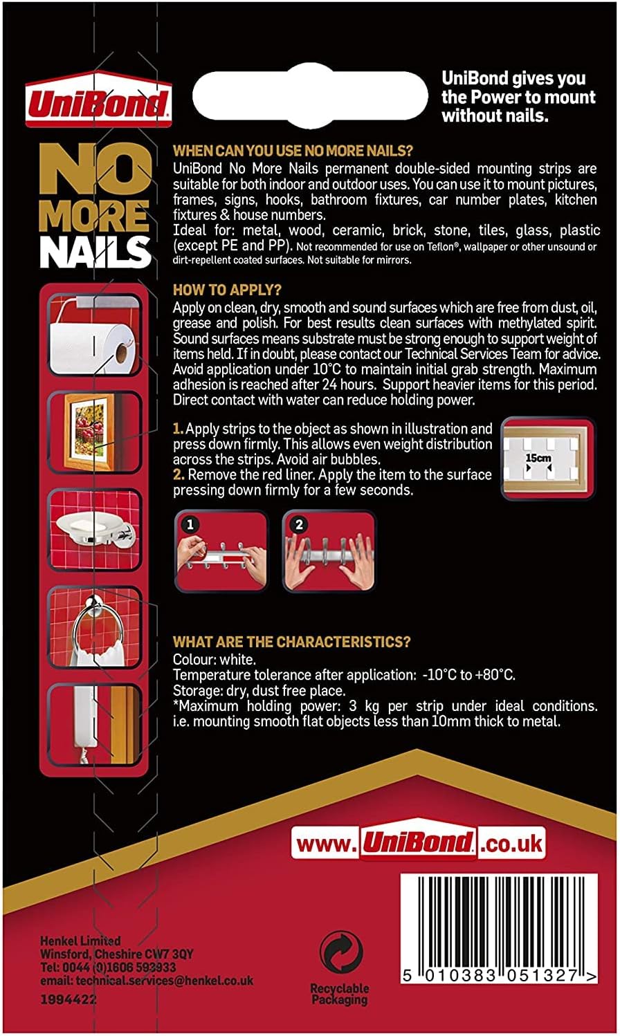 Unibond No More Nails Permanent, Adhesive Strips, Double Sided Sticky Tape Pack Of 10