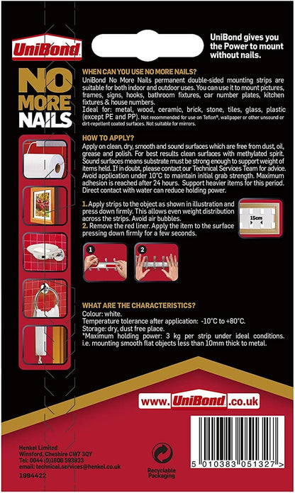 Unibond No More Nails Permanent, Adhesive Strips, Double Sided Sticky Tape Pack Of 10