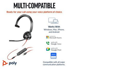 Poly Blackwire 3315 Monaural MS USB-C/A +3.5mm Headset 8X218AA
