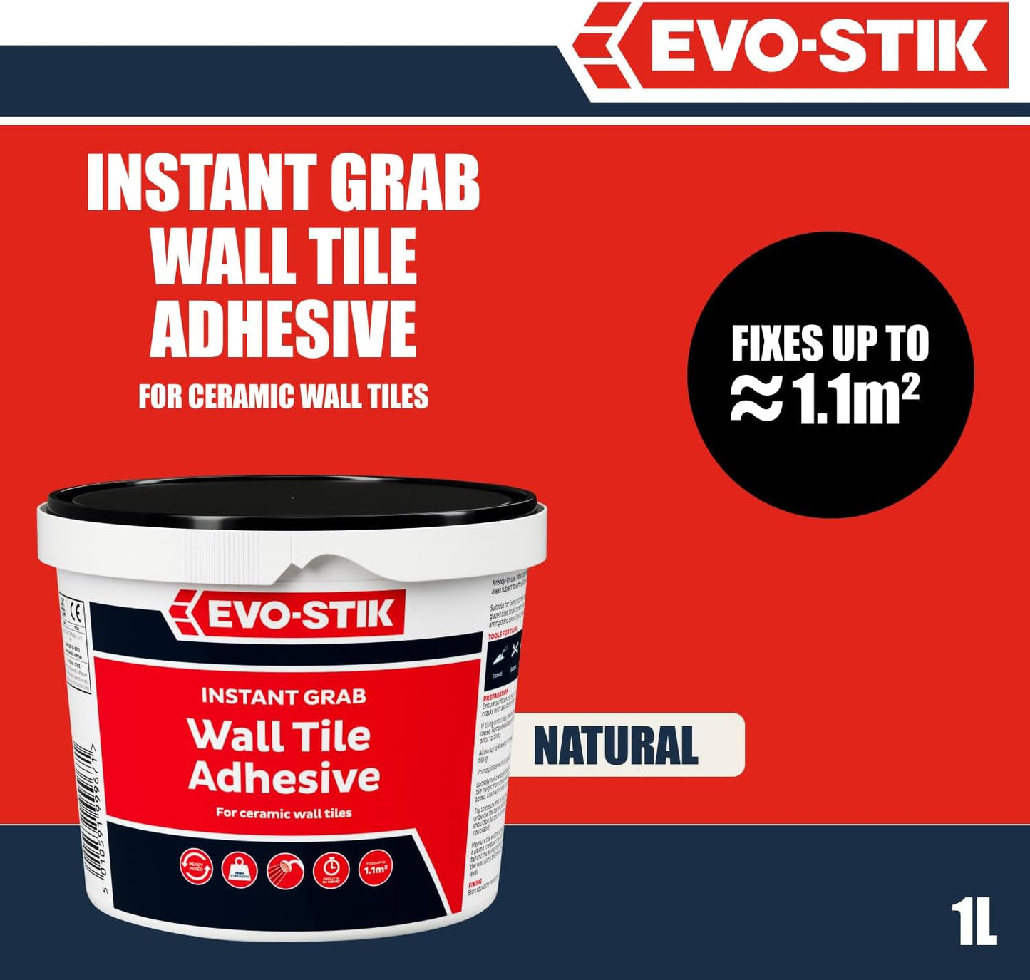 Evo-Stik Wall Tile Adhesive | Instant Grab | Multi Surface| Fast Acting |  1L Tub