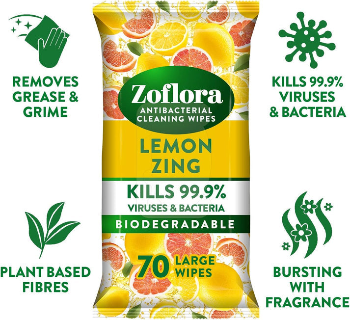 Zoflora Lemon Biodegradable Wipes, Antibacterial Multi-Surface Cleaning Wipes, 70's