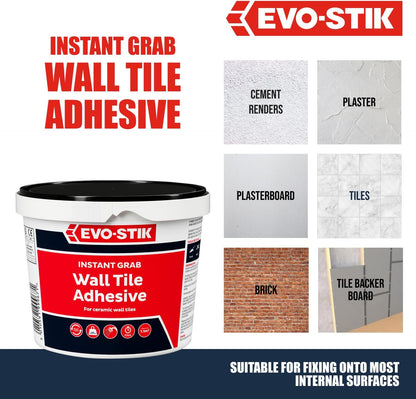 Evo-Stik Wall Tile Adhesive | Instant Grab | Multi Surface| 10L Tub