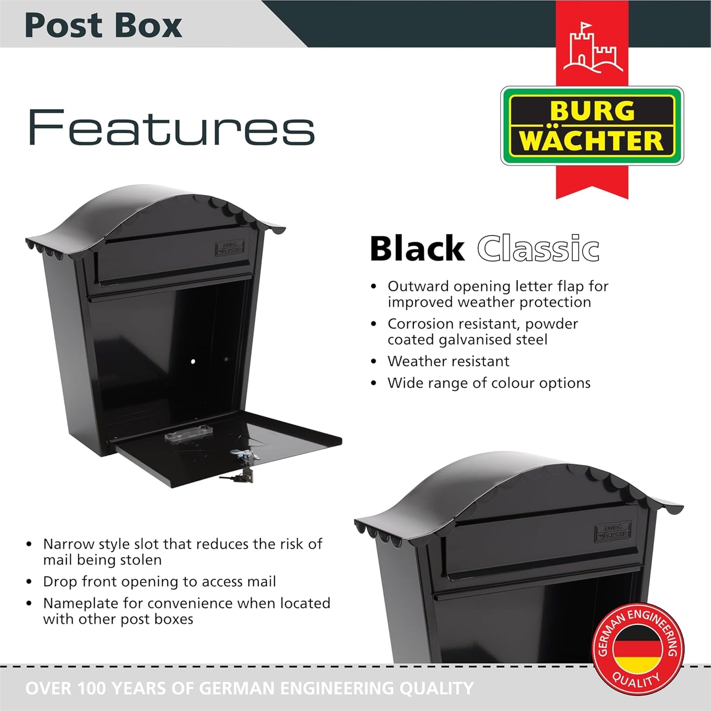 Burg-Wachter Black Classic Wall Mounted Galvanised Steel Lockable Weatherproof Post Box