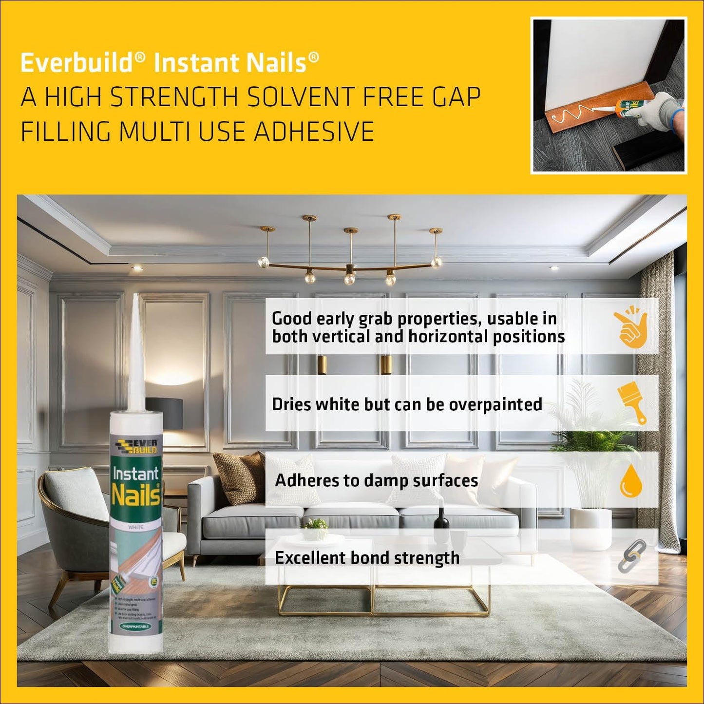 Everbuild Instant Nails Adhesive Cartridge | White | 3 x 290ml Cartridge