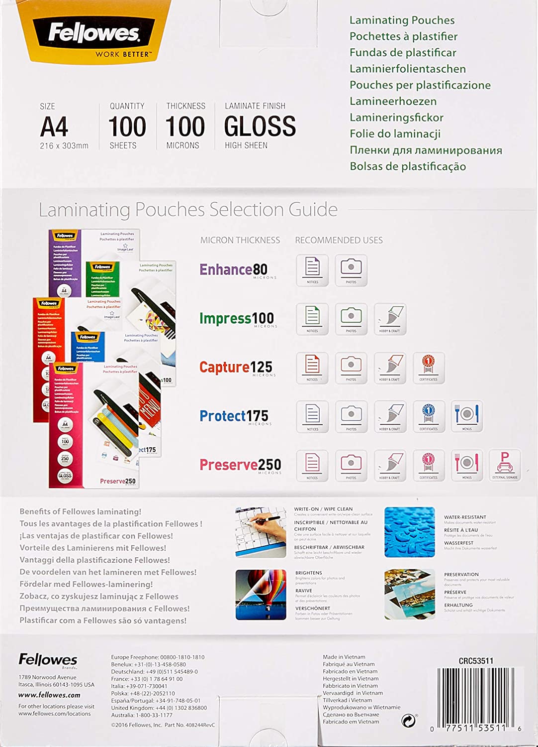 Fellowes A4 Glossy Laminating Pouch 100 Micron (Pack of 100) 5351111