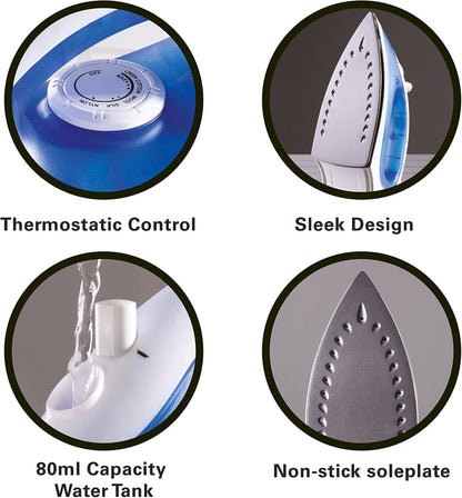 Daewoo 1800W Steam Iron, Non Stick Soleplate, Thermostatic Control White