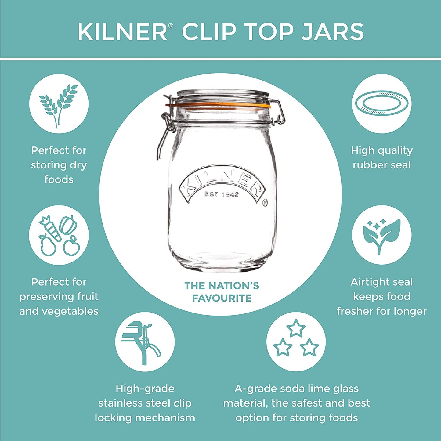 Kilner 2 Litre Square Glass Clip Top Preservation Storage Jar.