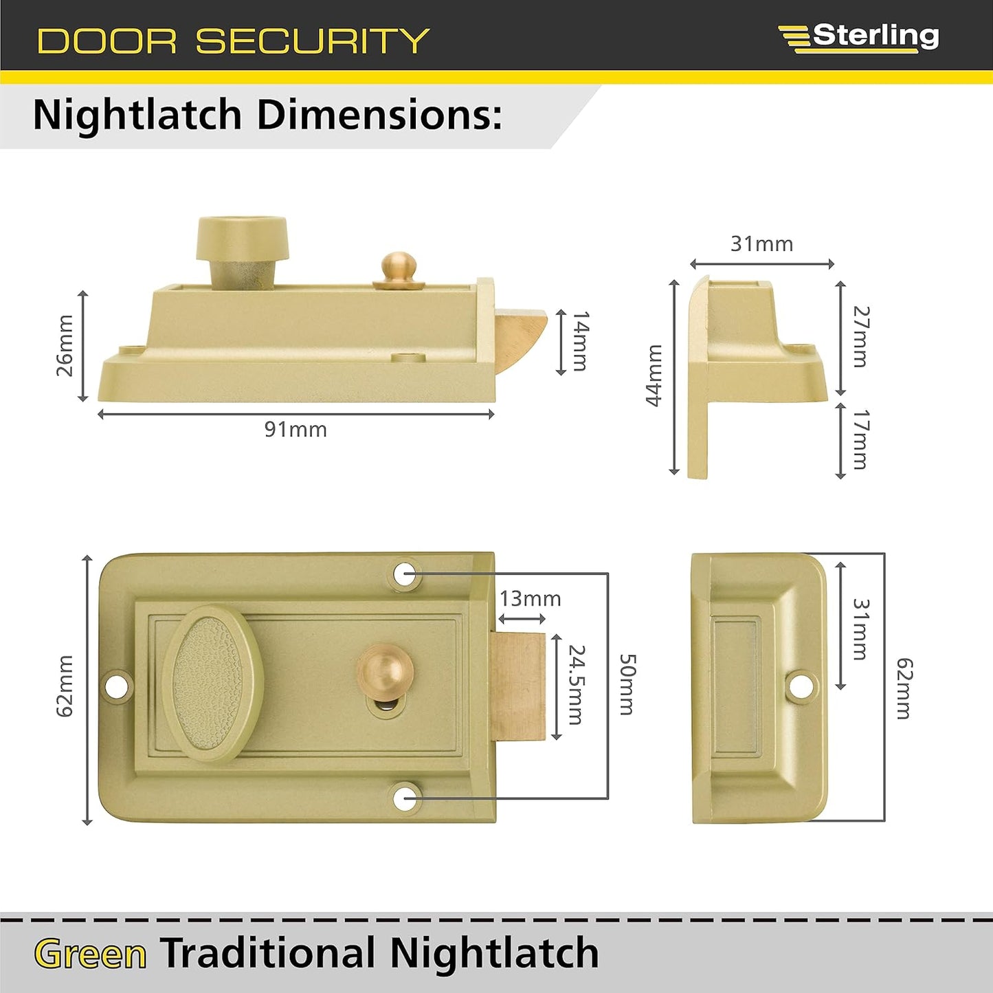 Sterling Standard Nightlatch | Left & righthanded Doors | Champagne | Full Pack | 2 keys | NLS10