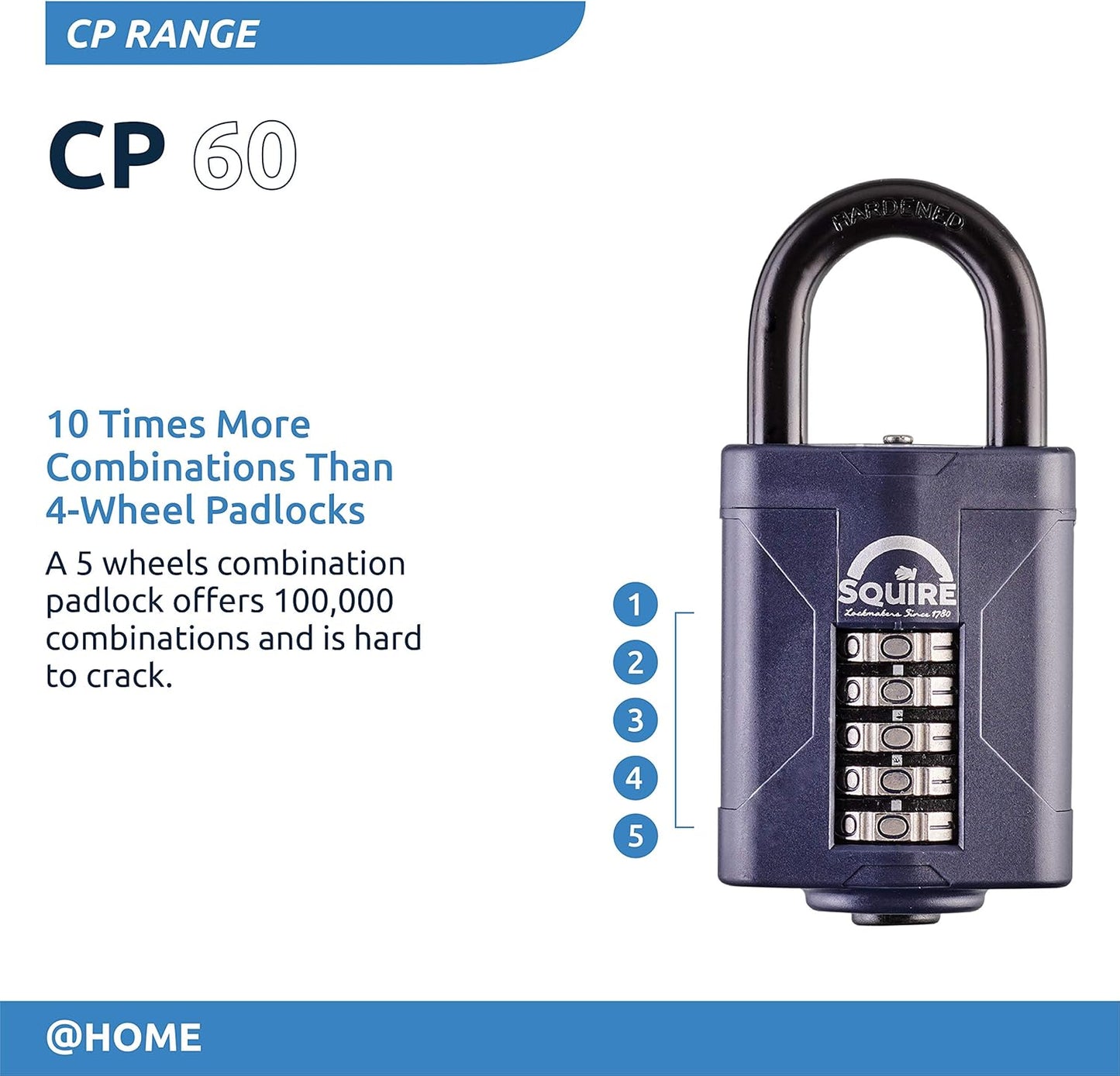 Squire Heavy Duty Padlock (Cp60) - Steel Shackle - 5 Wheel Combination (Blue, 60mm)