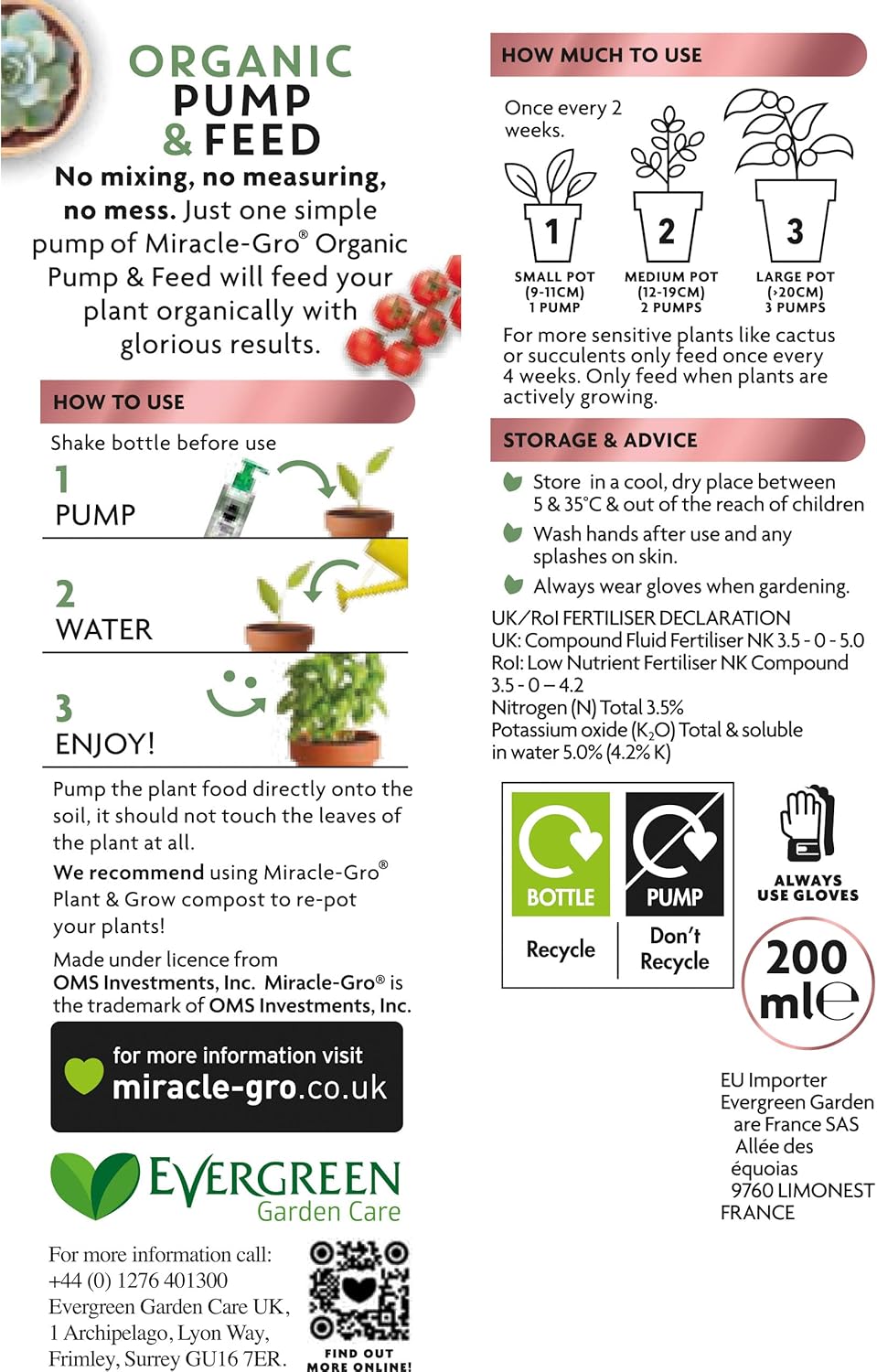 Miracle-Gro Pump & Feed All Purpose ORGANIC Liquid Plant Food 200ml