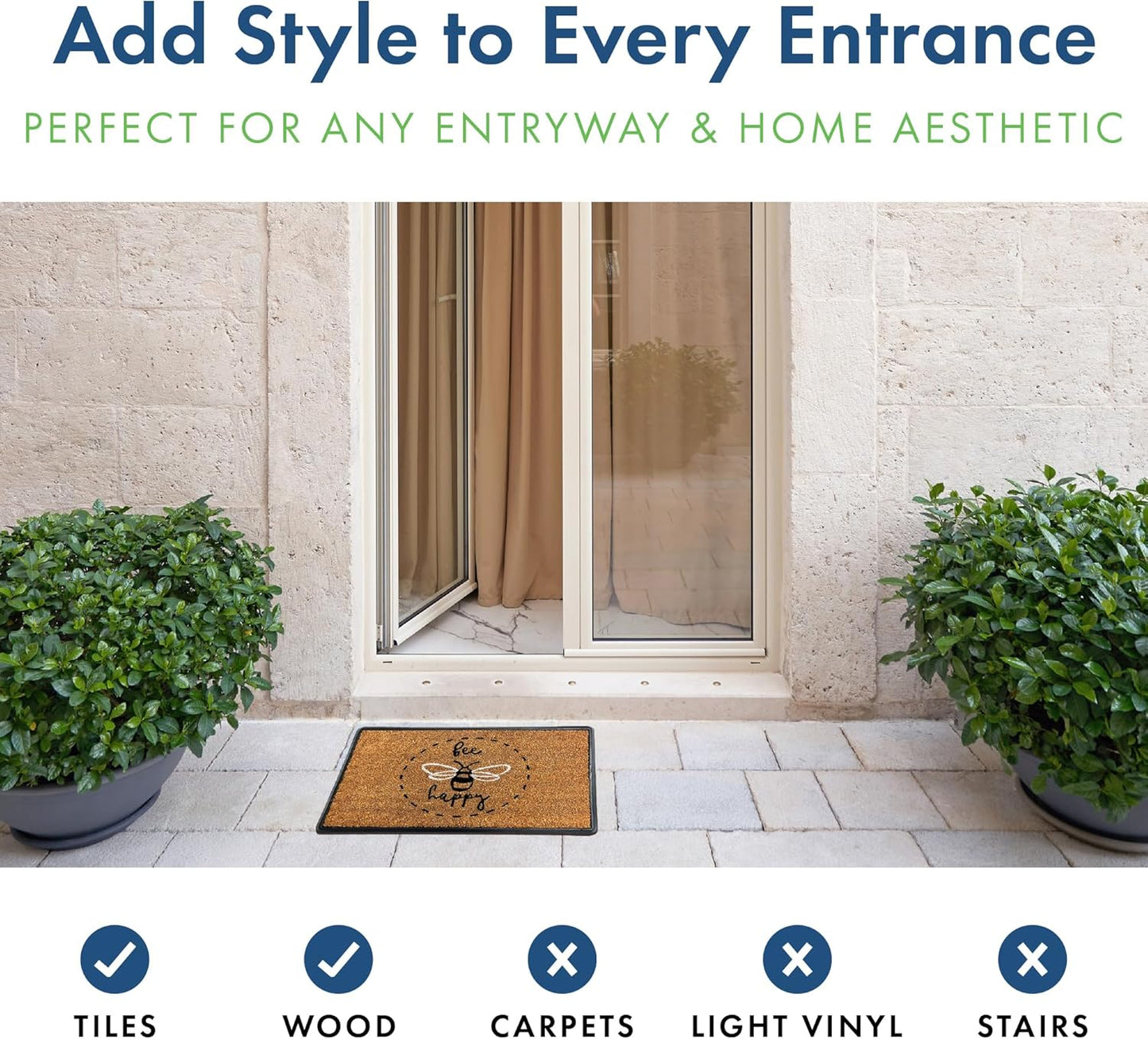 Bee Happy 40 x 60cm Door Mat | Made from Recycled Materials | Anti-slip Door Mat