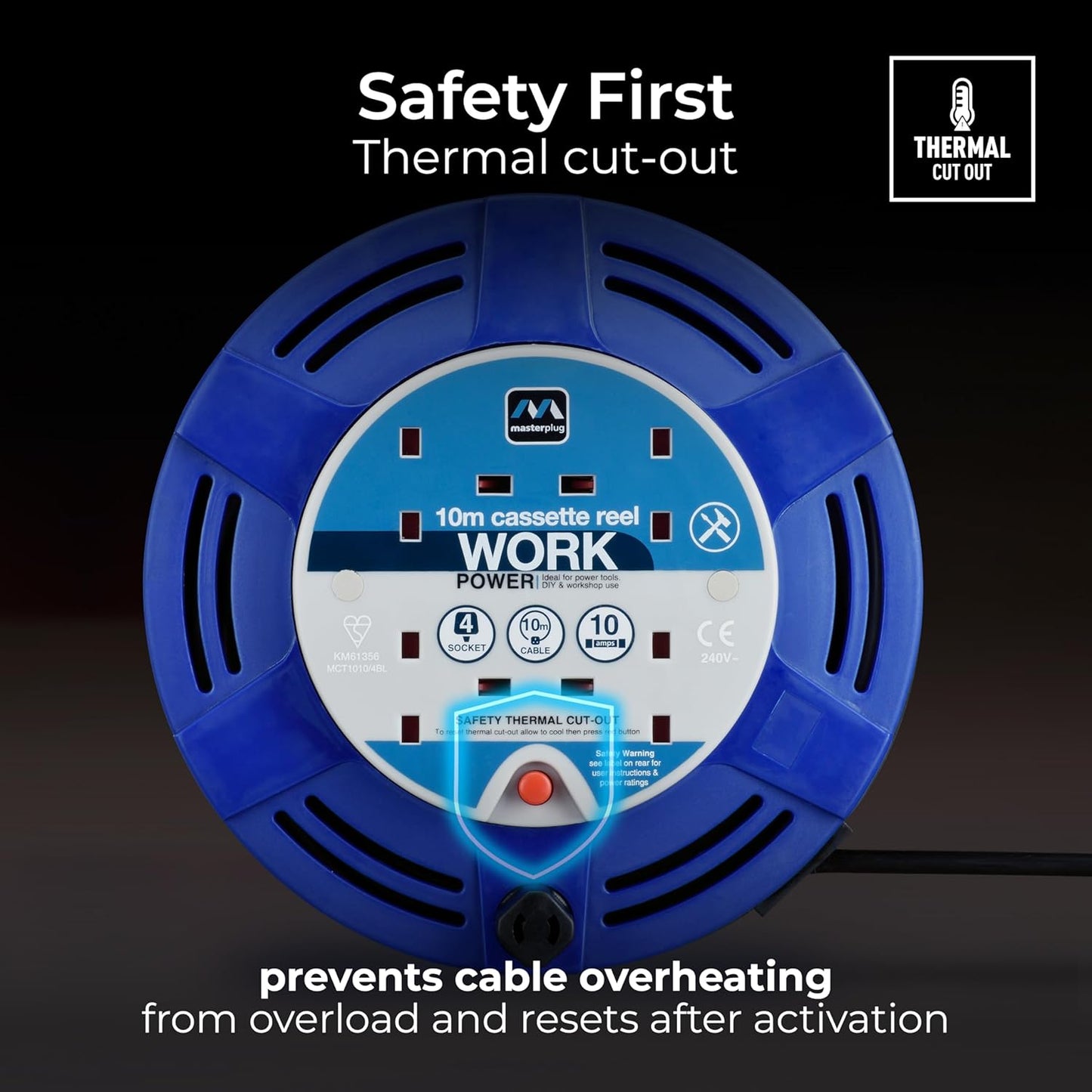 Masterplug Mct1010/4Bl Four Socket 10A Cassette Cable Reel With Thermal Cut-Out, 10 Metres, Blue