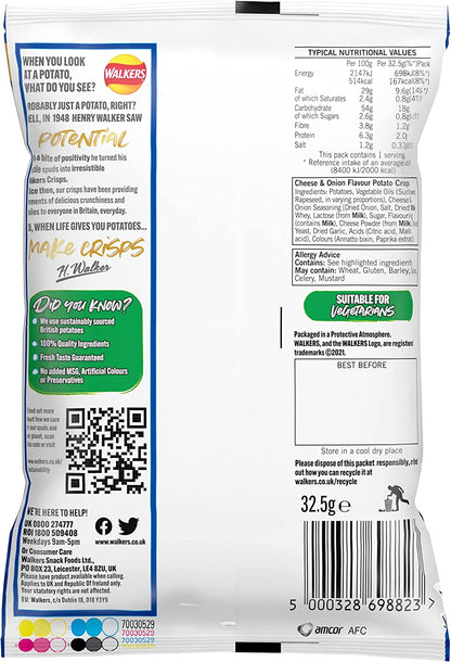 Walkers Cheese and Onion Crisps 32.5g (Pack of 32)