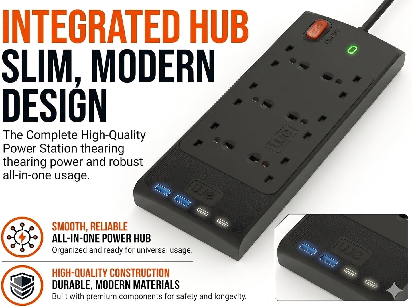 Westminster Electrical 6 Socket Extension Lead Power Hub | 4 x USB Outlets | 2m Extension Cable