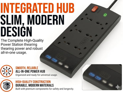 Westminster Electrical 6 Socket Extension Lead Power Hub | 4 x USB Outlets | 2m Extension Cable