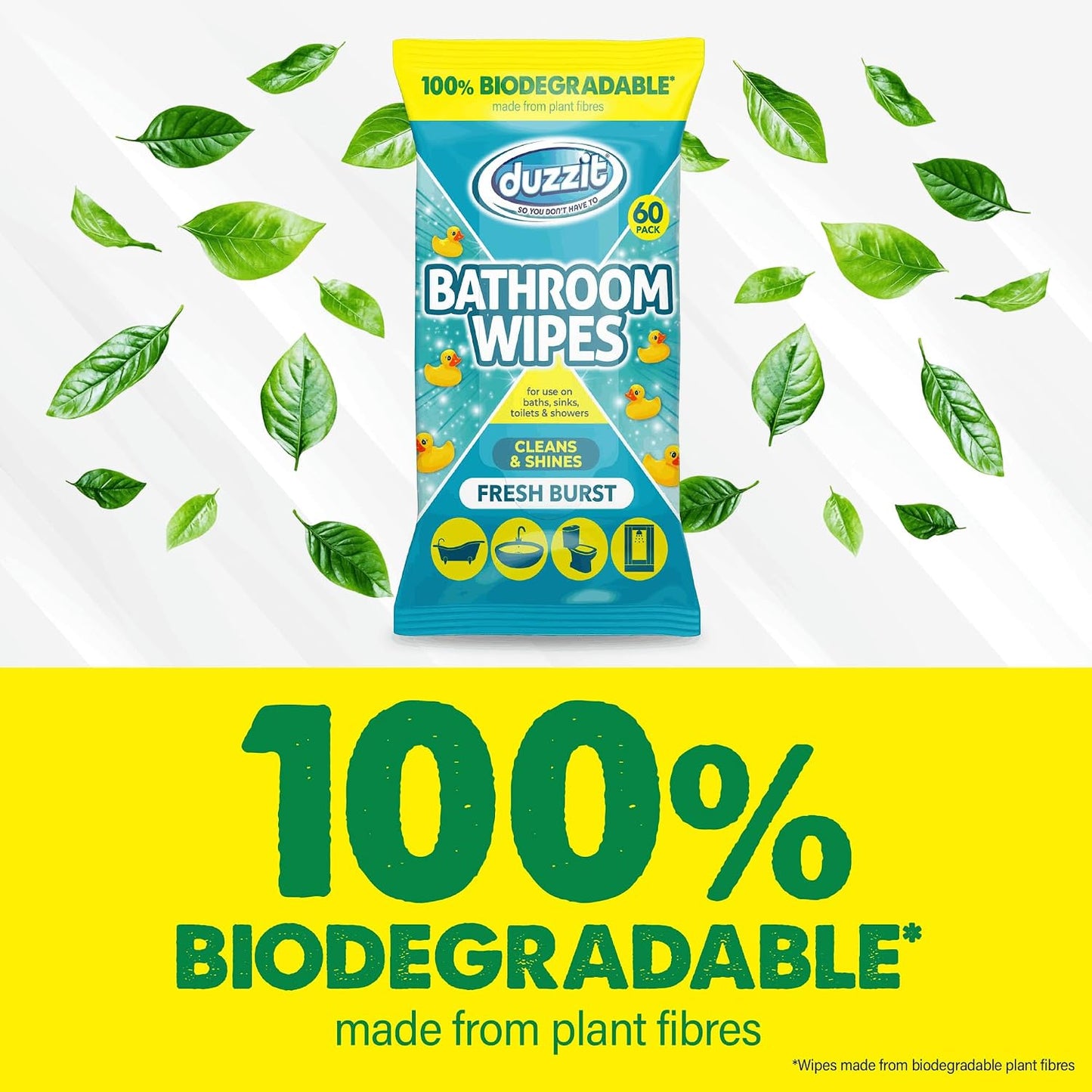 Duzzit Bathroom Wipes | 60 Biodegradable Wipes | Fresh Burst | 1 x 60 Pack