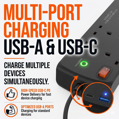 Westminster Electrical 6 Socket Extension Lead Power Hub | 4 x USB Outlets | 2m Extension Cable