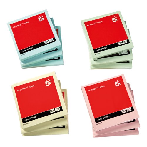 5 Star Re-Move Sticky Notes Repositionable 76x76mm Assorted Pastel (Pack of 12) 912955