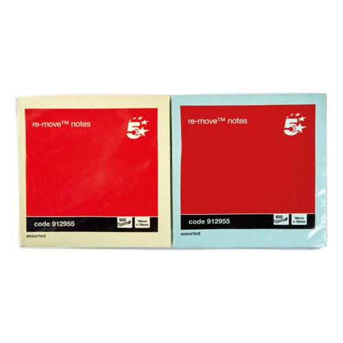 5 Star Re-Move Sticky Notes Repositionable 76x76mm Assorted Pastel (Pack of 12) 912955