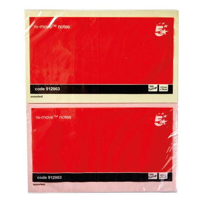 5 Star Re-Move Sticky Notes Repositionable 76x127mm Assorted Pastel (Pack of 12) 912963