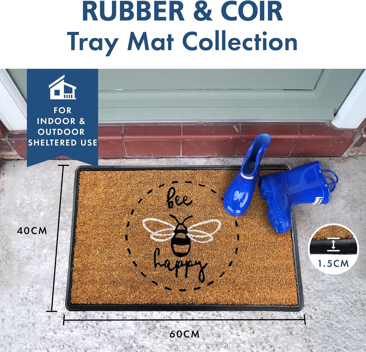 Bee Happy 40 x 60cm Door Mat | Made from Recycled Materials | Anti-slip Door Mat