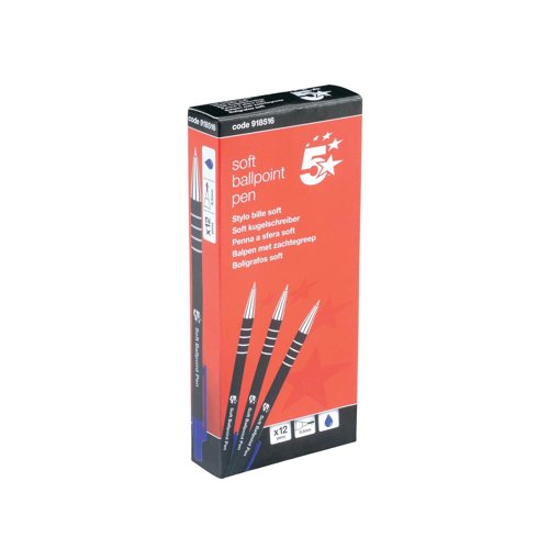 5 Star Retractable Ball Pen Soft Grip Medium 1mm Tip 0.5mm Line Blue (Pack of 12) 918516